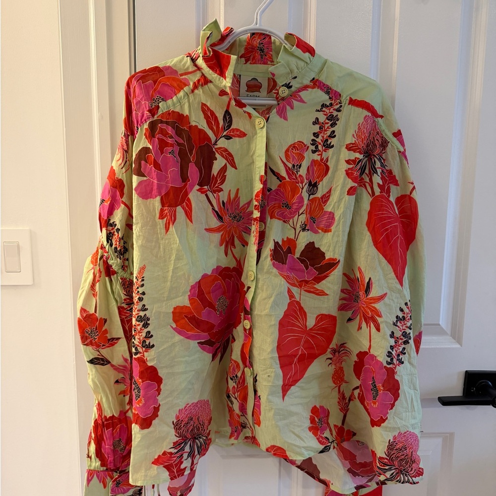 Farm Rio Fresh Garden Green Long Sleeve Blouse